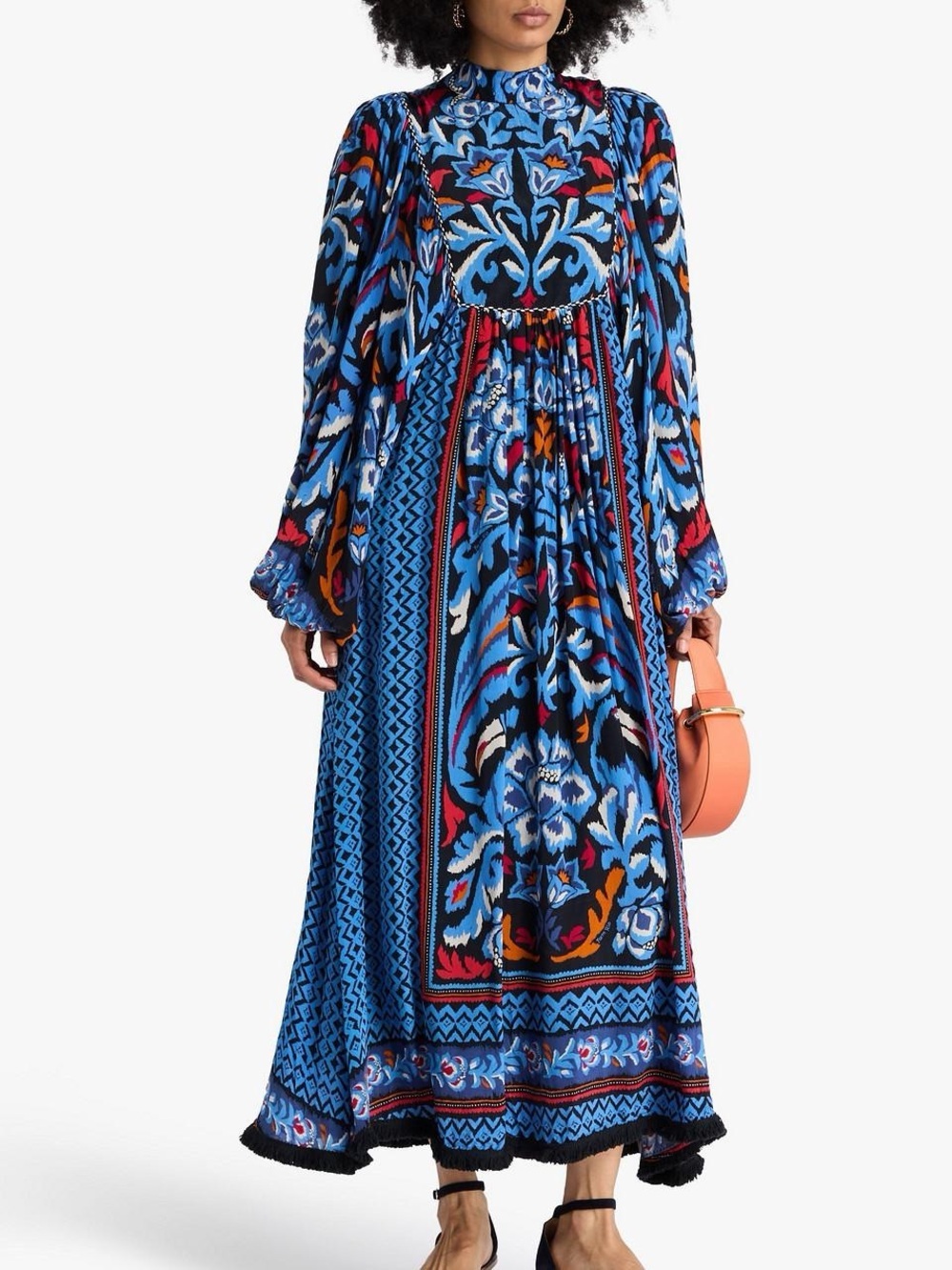 Farm Rio blue gathered printed long sleeve bohemian summer midi dress size xs